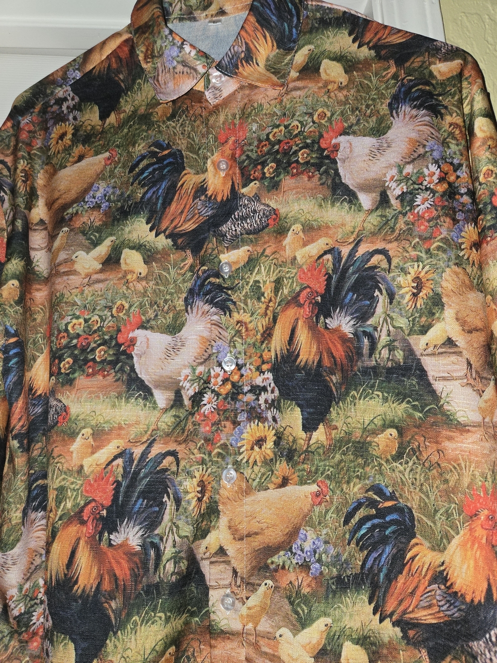 Rooster & Hen Farm Scene Button-Up Shirt - Multicolor